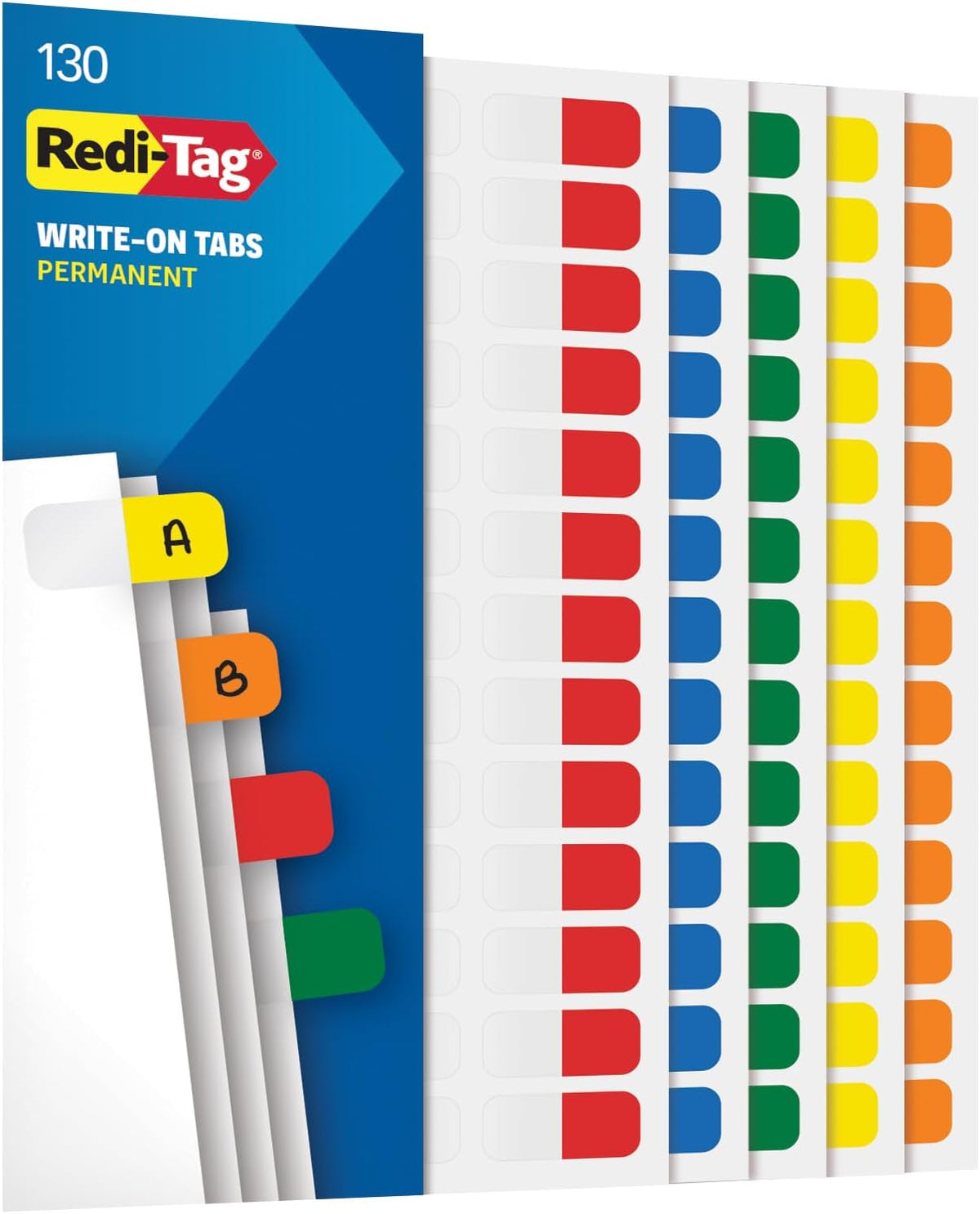 Redi-Tag Write-On Tabs, Permanent Adhesive Index Tabs, Assorted Primary Colors: Yellow, Orange, Red, Blue and Green, 1" x 7/16", 130 Pack (1009302)
