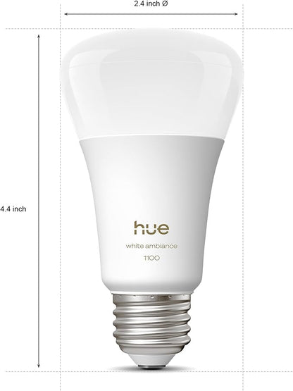 Philips Hue Smart LED A19 Bulb, White Ambiance, E26 Base, 9.5W, Full Spectrum Light 1000K-20000K, 1100 Lumens, Dimmable, Works with Alexa, Google, and Apple Home, 2pk