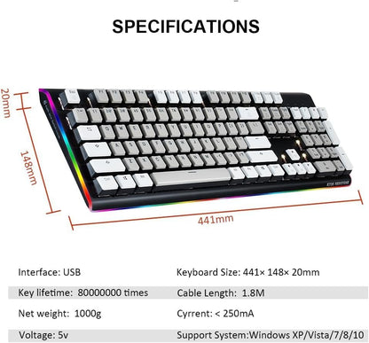 Wired Full Size Mechanical Keyboard, Aluminum Housing Built for Gamers w/Kailh Box White Switch, White Backlit + Surrounded by RGB Light Strip, 104 Keys Gaming Keyboard for PC/Mac