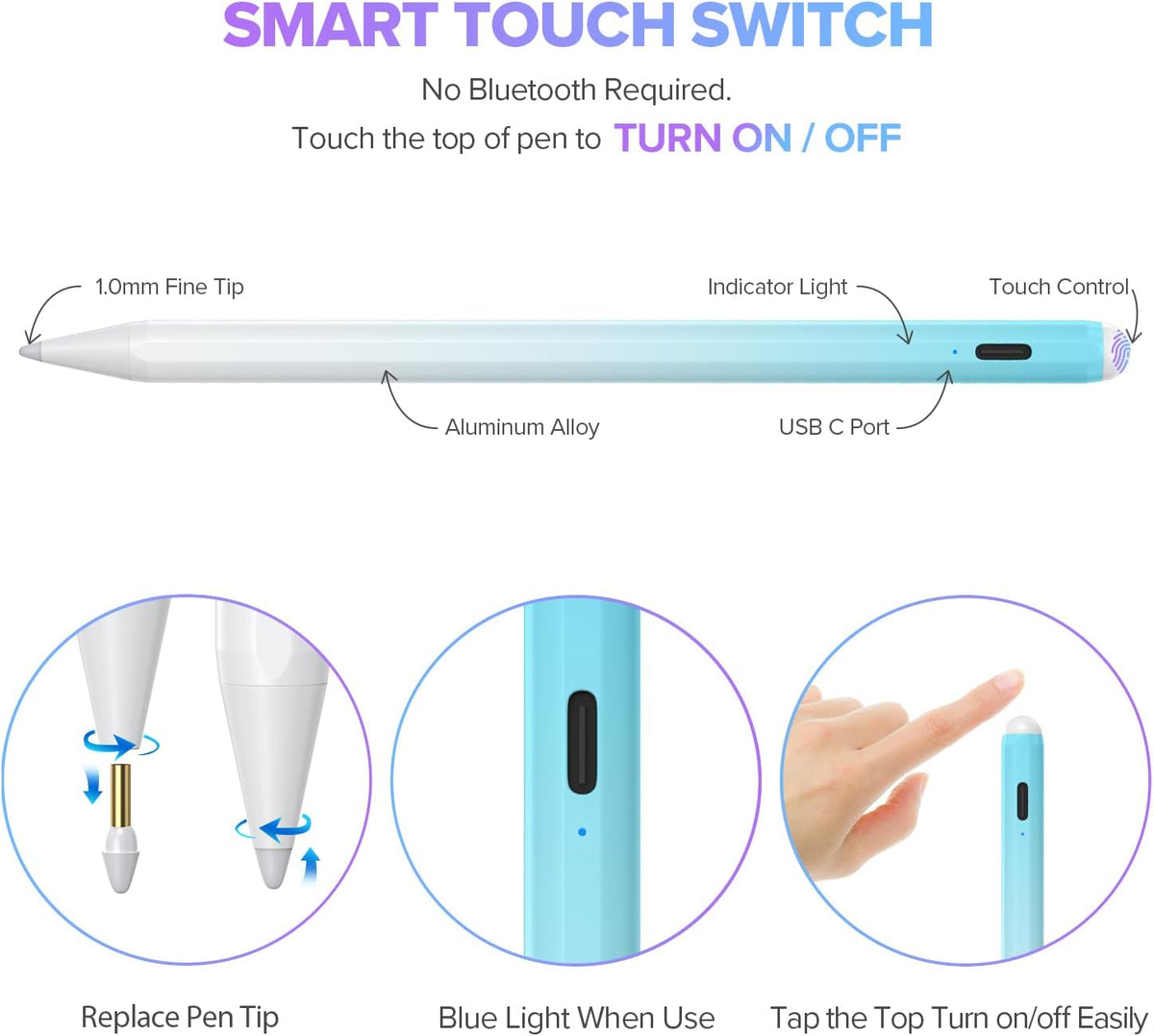 Stylus Pen for iPad 6th-11th Generation-2X Fast Charge Active Pencil Compatible with 2018-2025 Apple iPad Pro 11"/12.9"/M4, iPad Air 3/4/5/M2/M3,iPad mini 5/6 Gen-White Blue