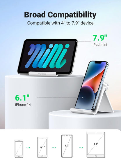 UGREEN Cell Phone Stand for Desk Phone Holder Foldable Portable Adjustable Compatible with iPhone 16 15 14 13 Pro Max, iPhone 12 11 Plus SE XS XR 8 7, Office Desk Travel Accessories, White