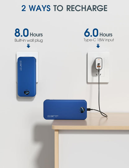 Portable Charger Power Bank, 20000mAh 22.5W USB C Fast Charging with Built-in Cables & Wall Plug, External Battery Pack with LED Display, Travel Essential for iPhone, iPad, Samsung Navy