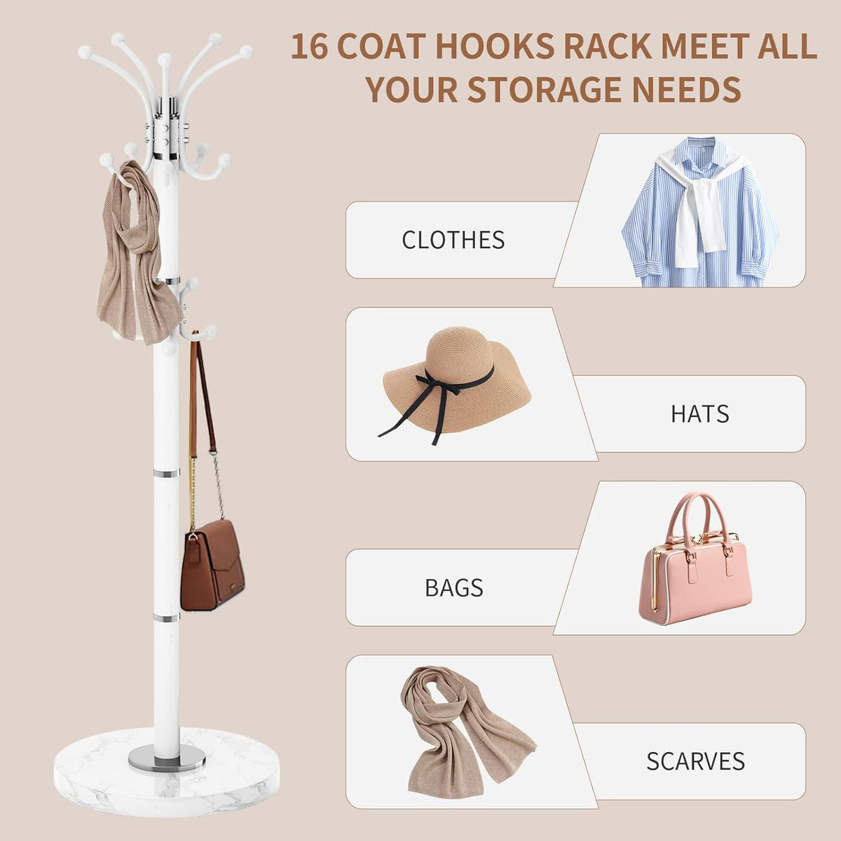 Modern Metal Coat Rack Stand, 360°Rotary Coat Rack Freestanding with Natural Marble Base, White Sturdy Coat Racks with 16 Hooks, Coat Racks Hall Tree Stand for Entryway (White)