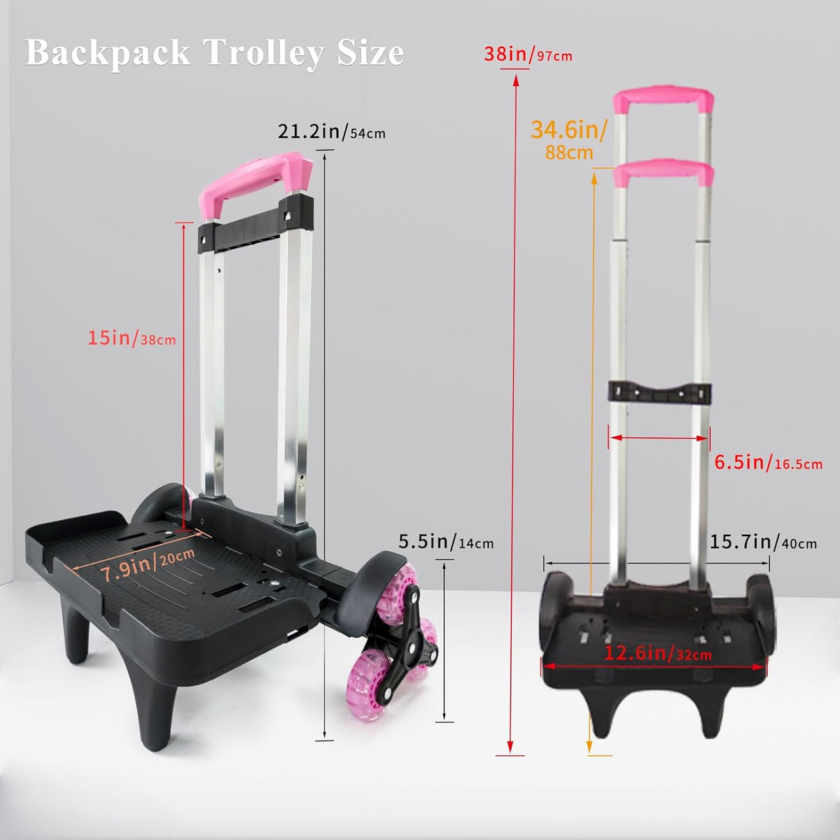 Backpack Trolley Wheeled Cart- Foldable Aluminium Alloy Hand Truck with 3 Wheels and Luggage Strap for Backpacks and Travel Luggage,Backpack Cart with Edge Guard Base,Rolling Backpack Dolly