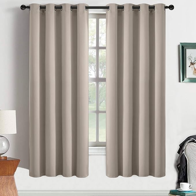 Yakamok Room Darkening Blackout Curtains Thermal Insulated Grommet Curtain Panels for Bedroom, 52W x 63L, Natural, 2 Panels
