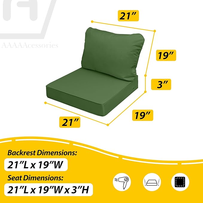 AAAAAcessories Outdoor Seat Cushions for Chairs, Fade-Resistant, Waterproof Patio Furniture Replacement Cushions, 21" x 19" x 3" + 21" x 19", Set of 4, Dark Moss Green