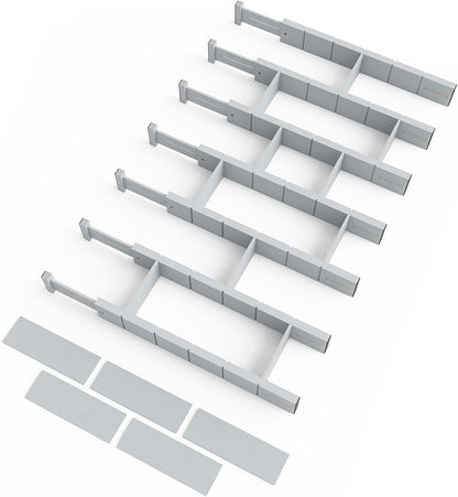 SpaceAid Bamboo Drawer Dividers with Inserts and Labels, Kitchen Adjustable Drawer Organizers, Expandable Organization for Home, Office, Dressers, 7 Dividers with 15 Inserts (17"-22" Gray)