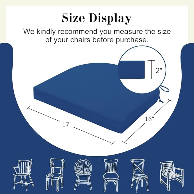 Cozyide Outdoor Chair Cushions, Waterproof Patio Seat Cushions with Adjustable Straps, Round Corner Patio Chair Cushions for Garden, Royal Blue, 17x16x2 Inch (Pack of 2)