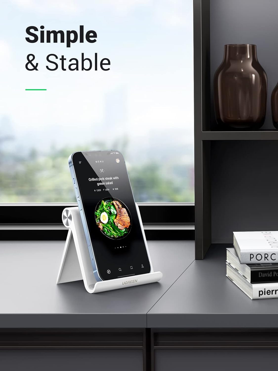 UGREEN Cell Phone Stand for Desk Phone Holder Foldable Portable Adjustable Compatible with iPhone 16 15 14 13 Pro Max, iPhone 12 11 Plus SE XS XR 8 7, Office Desk Travel Accessories, White