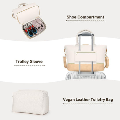 Leather Weekender Bags for Women, Travel Duffel Bag PU Overnight Bag Carry On Tote Bag with Shoe Compartment Wet Pocket