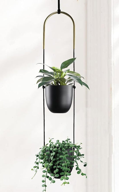 Modern Metal Hanging Planter for Indoor Outdoor Plants with Hook 2 Tier Boho Wall and Ceiling Flower Pots Baskets Holder Home Office Decor(Black)