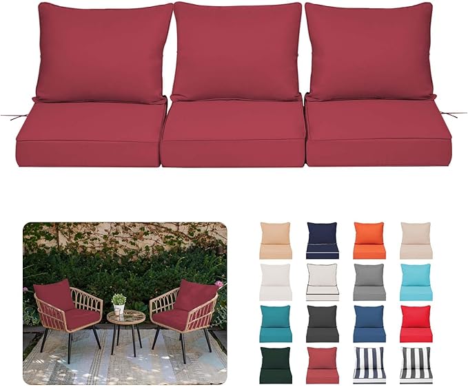 Outdoor Chair Cushions 3 Set,24 x 24 x 5IN, Patio Deep Seat Cushion for Patio Furniture, Waterproof & Fade Resistant Thick Deep Seating Pads for Outside Wicker Ratten Chair Sofa Couch,Burgundy