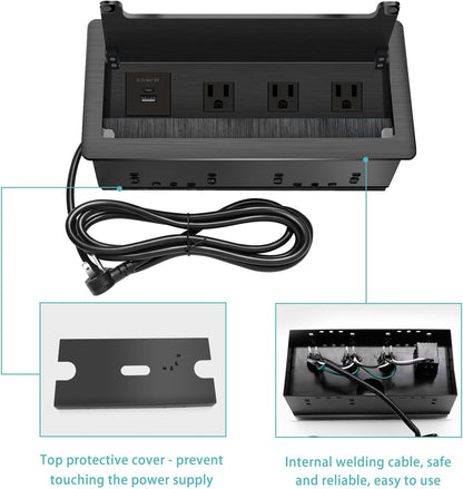 Conference Table Power Hub; Outlet Multimedia Connectivity Box with 3 AC outlets; USB-A+USB-C 18W 8FT 16AWG UL Listed Flat Plug Used for Office Conference Tables-High end Aluminum Alloy