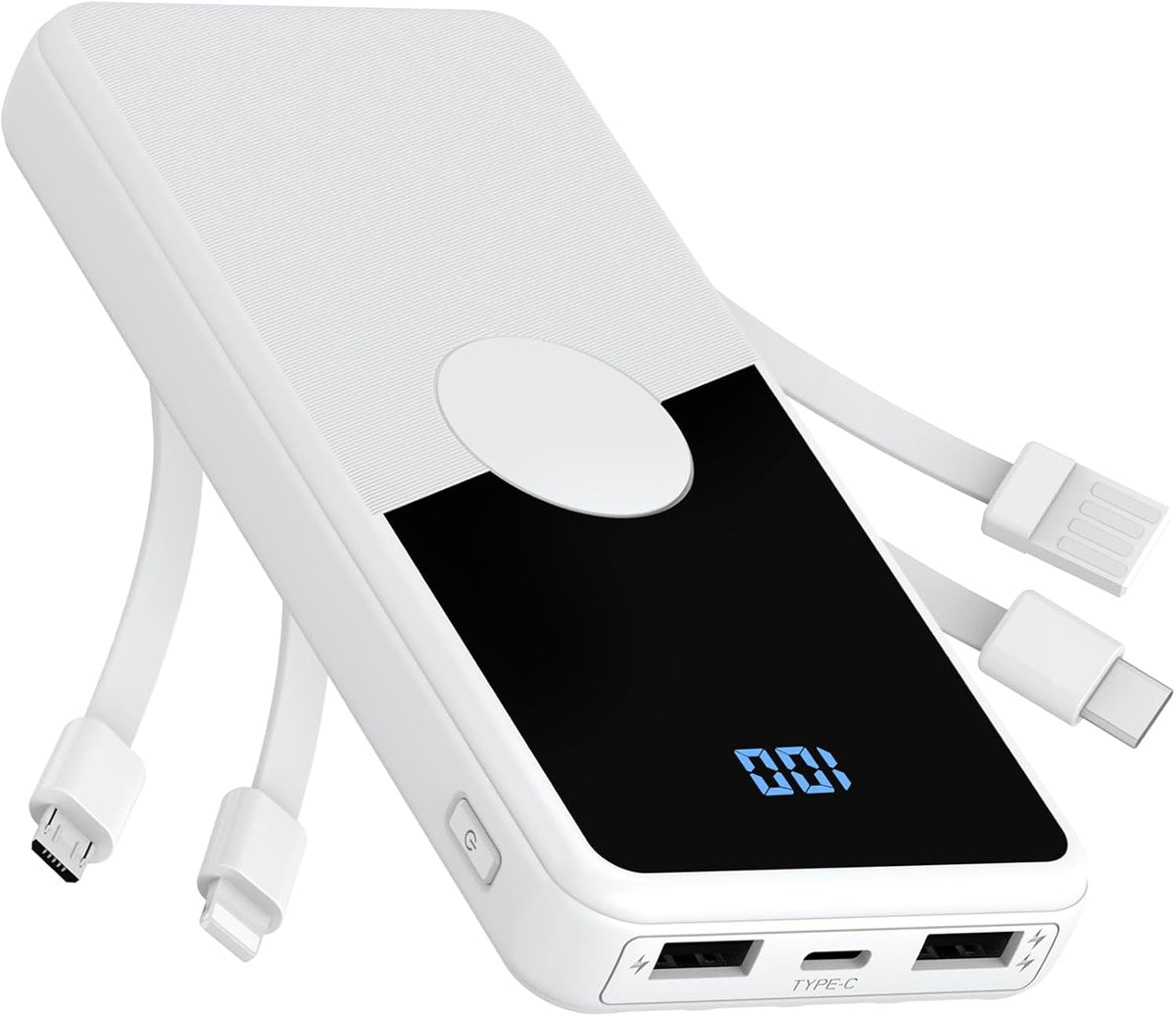 Portable Charger with Built in Cables,High Speed Power Bank 10000mAh Travel Battery Pack 5 Outputs 3 Inputs Portable Phone Charger Backup Battery for iPhone, Samsung, iPad,Tablets (White)