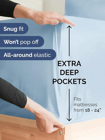 Extra Deep Pocket Split King Sheets - 5 Piece Breathable & Cooling Bed Sheets - Hotel Luxury Sheet Set - Soft, Wrinkle Free & Comfy - Easily Fits Extra Deep Mattresses - Deep Pocket Sky Blue Sheets