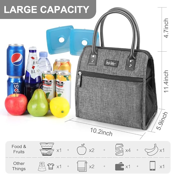 Nicole Miller Insulated Lunch Bag Tote Thermal Soft Side Wide-Open Cooler Ice Bag Lunch Box for Food with Drink Bottle Holder
