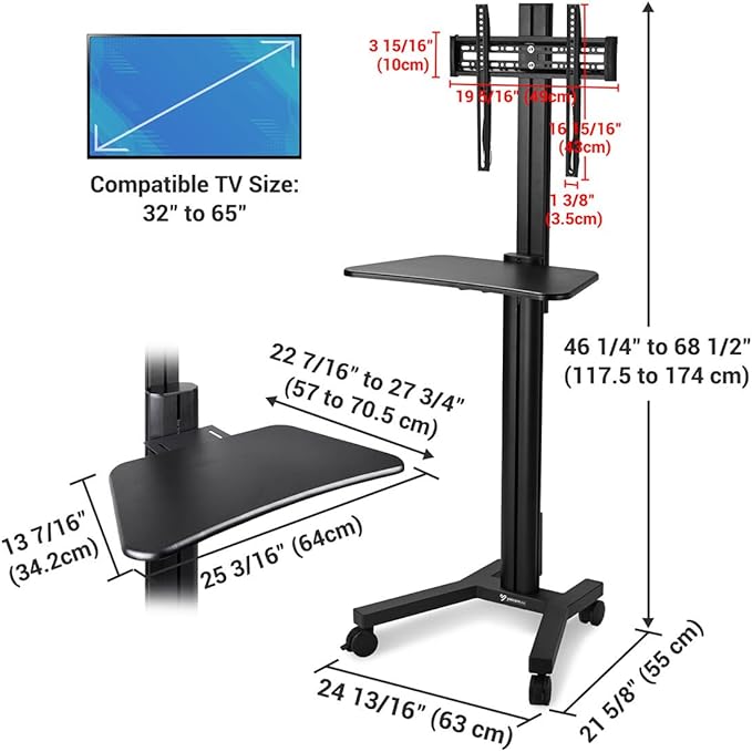 AW Rolling TV Stand Mobile TV Cart Height Adjustable
