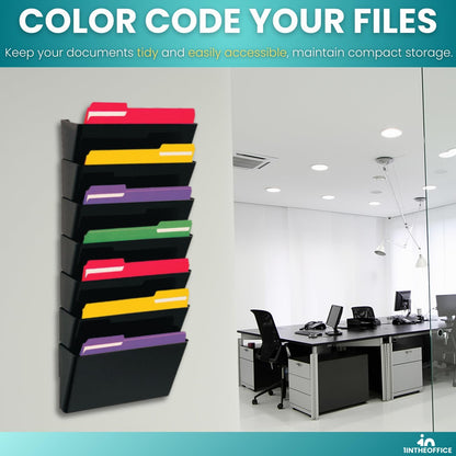 Hanging Wall File Organizer, Wall Mounted File Holder, Letter Size, 7 Pocket, Expandable, Black