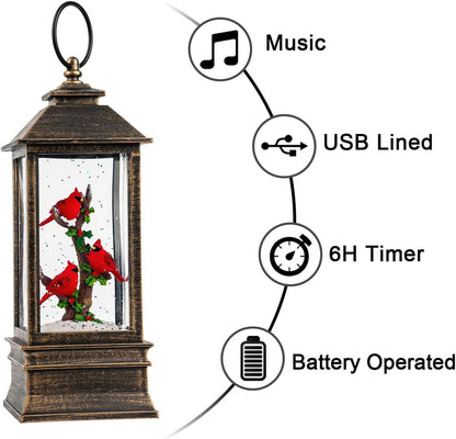 Christmas Snow Globe Lantern Water Glittering 10'' Cardinal with Music & Timer, USB Lined/Battery Operated Lighted Lantern for Christmas Festival Decoration Gifts
