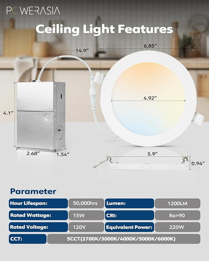 POWERASIA 12 Pack 6 Inch Ultra-Thin LED Recessed Ceiling Light