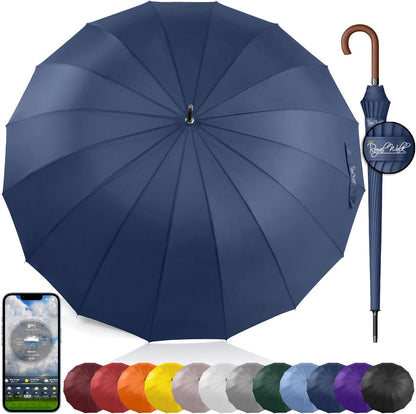 Royal Walk Windproof Large Umbrella for Rain 54 Inch Automatic Open for 2 Persons Wind Resistant Big Golf Umbrellas for Adult Men Women Classic Wooden Handle Fast Drying Strong 16 Ribs Travel 120cm