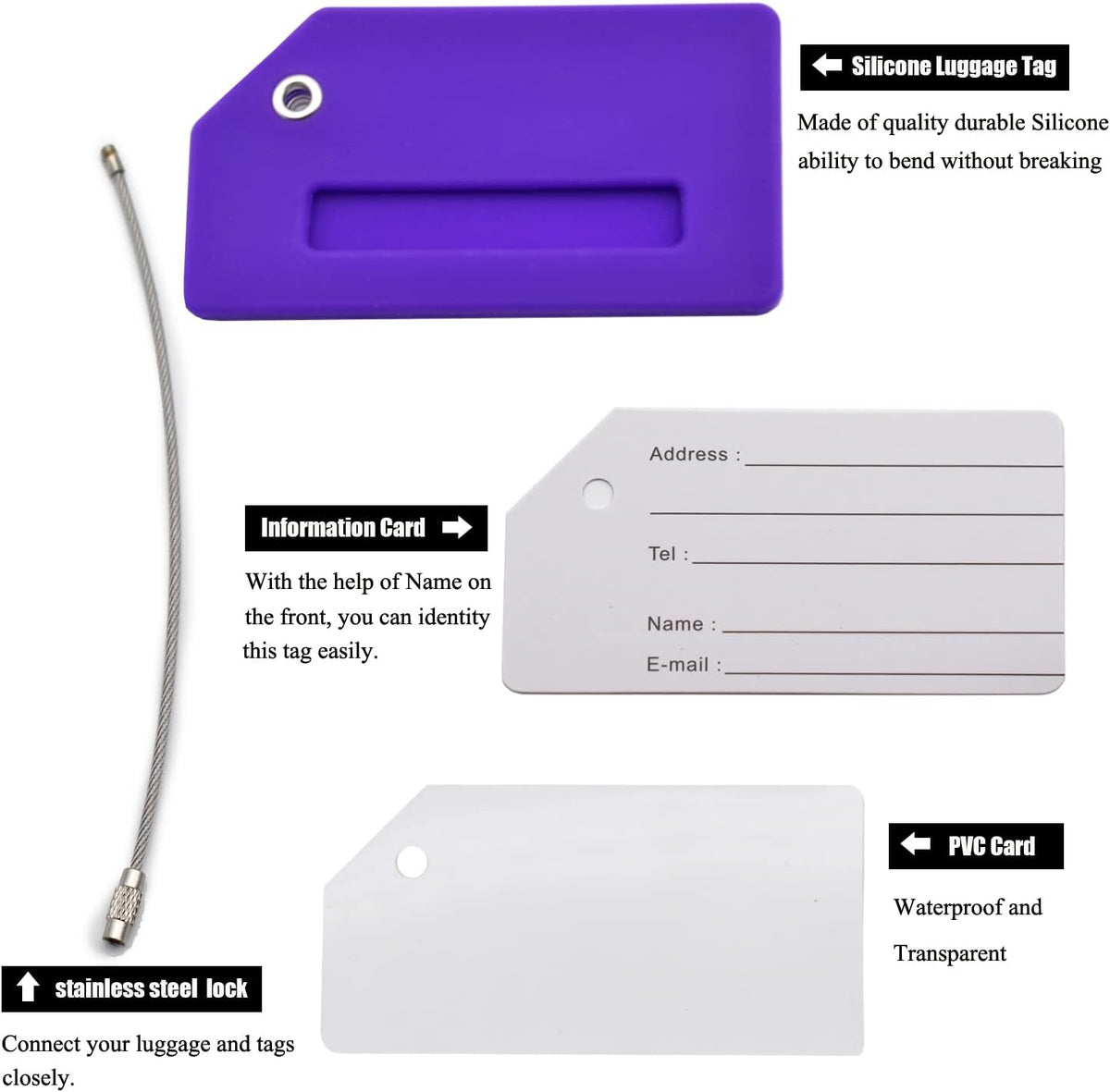 7 Pack Silicone Luggage Tag Baggage Handbag Travel Suitcase Tags with Name ID Card Perfect to Quickly Spot Luggage Suitcase (Purple)