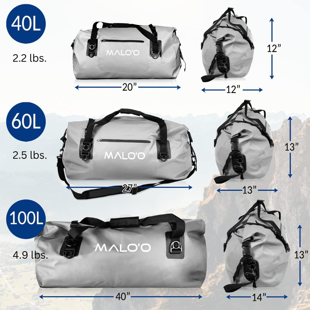 Malo’o Waterproof Dry Duffel, Heavy-Duty Roll Top Waterproof Gear Bag with Shoulder Strap & Molle Loops, Marine Duffel for Kayaking, Boating, Camping, Beach & Travel, Grey, 60L
