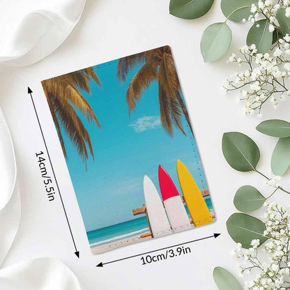 Holiday Beach Passport Holder for Travel Surfboard and Palm Tree PU Leather Passport Cover Wallet Cute Passport Card Holder for Women and Men