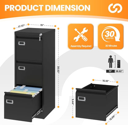 3 Drawer File Cabinet with Lock, Metal Filing Cabinets for Home Office, Vertical Black Locking File Caninet, Steel Narrow Three Drawer File Cabnet for Letter/Legal / A4 / B4- Assembly Required