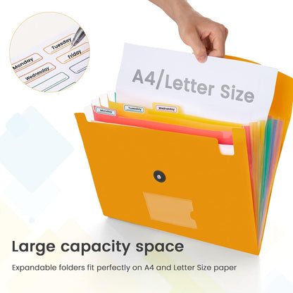Accordion File Organizer, 7 Pockets Expanding File Folder with Labels, A4/Letter Size Portable Folders for Documents, Paper Organizer for School Office Supplies, Orange