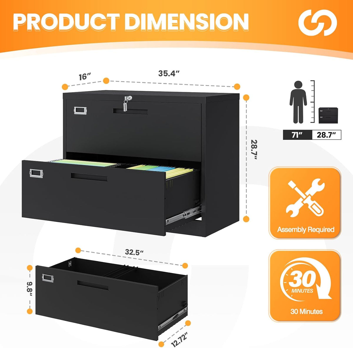 2 Drawer File Cabinets for Home Office, Metal Filing Cabinet with Lock, Black Locking File Caninet Two Drawer, Office Storage Caninets Steel Cabnet for Letter/Legal/A4/F4-Assembly Required
