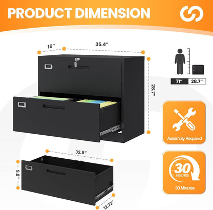 2 Drawer File Cabinets for Home Office, Metal Filing Cabinet with Lock, Black Locking File Caninet Two Drawer, Office Storage Caninets Steel Cabnet for Letter/Legal/A4/F4-Assembly Required