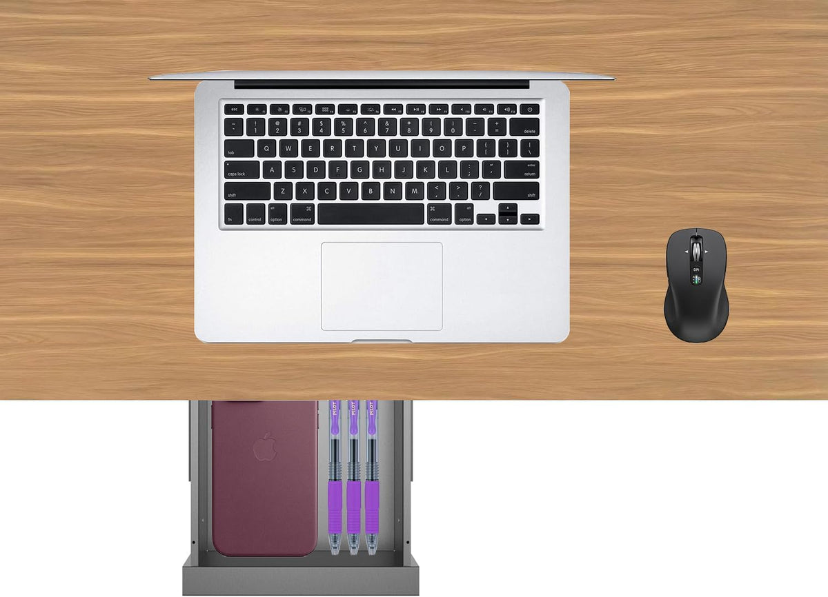 Under Desk Mounted Sliding Pull-Out Drawer for Office Desk or Table - Storage Organizer for Sit Stand Workstation- W 9.8" x D 9.8" x 2.5", Metal, Black (Small)