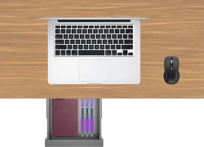 Under Desk Mounted Sliding Pull-Out Drawer for Office Desk or Table - Storage Organizer for Sit Stand Workstation- W 9.8" x D 9.8" x 2.5", Metal, Black (Small)