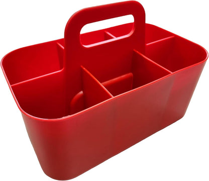 Small Stackable Plastic Caddy with Handle 6 Compartment | Desk, Makeup, Dorm Caddy, Classroom Art Organizers - 4 Pack, Made In USA (Red)