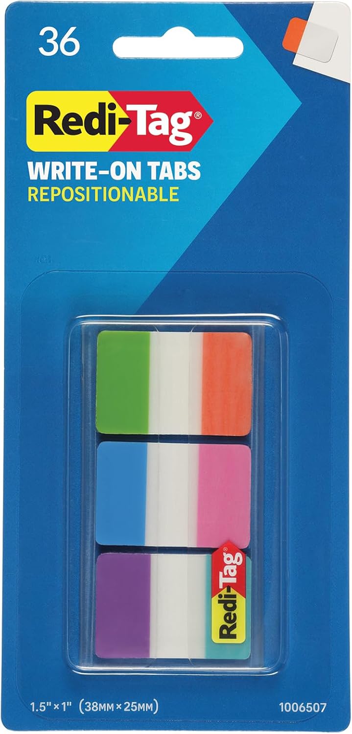 Redi-Tag Write-On Tabs, Repositionable Tabs for Binders and Planners, Removable Pop Up Tags, 6 Vivid Colors, 1" x 1.5", 36 Per Pack (1006507)