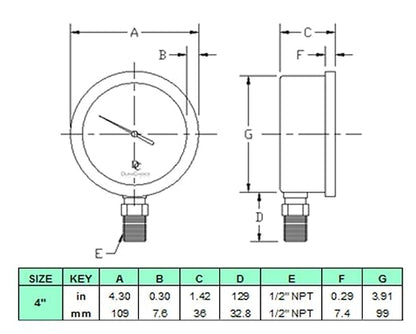 4" Oil Filled Pressure Gauge - Stainless Steel Case, Brass, 1/2" NPT, Lower Mount Connection, 0-1,000PSI