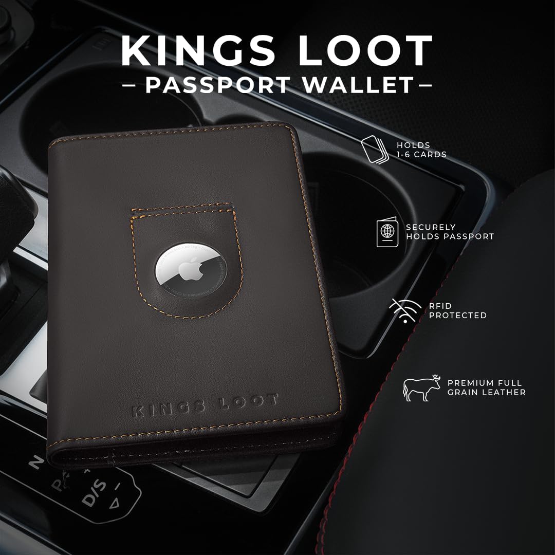 Kings Loot Passport Holder Wallet – RFID Blocking Leather Travel Wallet with Built-in Airtag Holder – Holds 1-6 Cards & Passport – Easy Pull Tab – Slim & Stylish Wallets (Truffle)