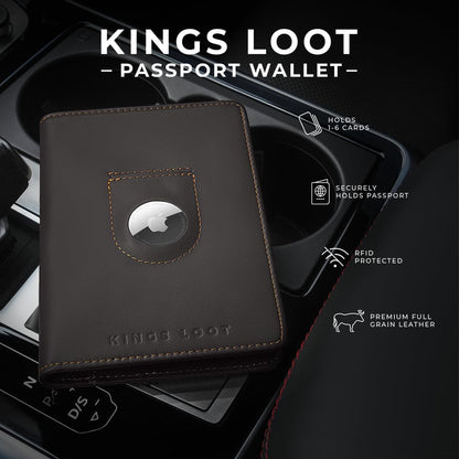 Kings Loot Passport Holder Wallet – RFID Blocking Leather Travel Wallet with Built-in Airtag Holder – Holds 1-6 Cards & Passport – Easy Pull Tab – Slim & Stylish Wallets (Truffle)