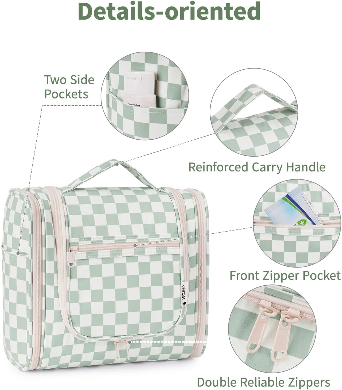 Narwey Checked Hanging Travel Toiletry Bag for Women, Travel Bag for Toiletries, Makeup Bag Organizer Cosmetic Bags Make Up Bags for Women (Mint Green Checkerboard)