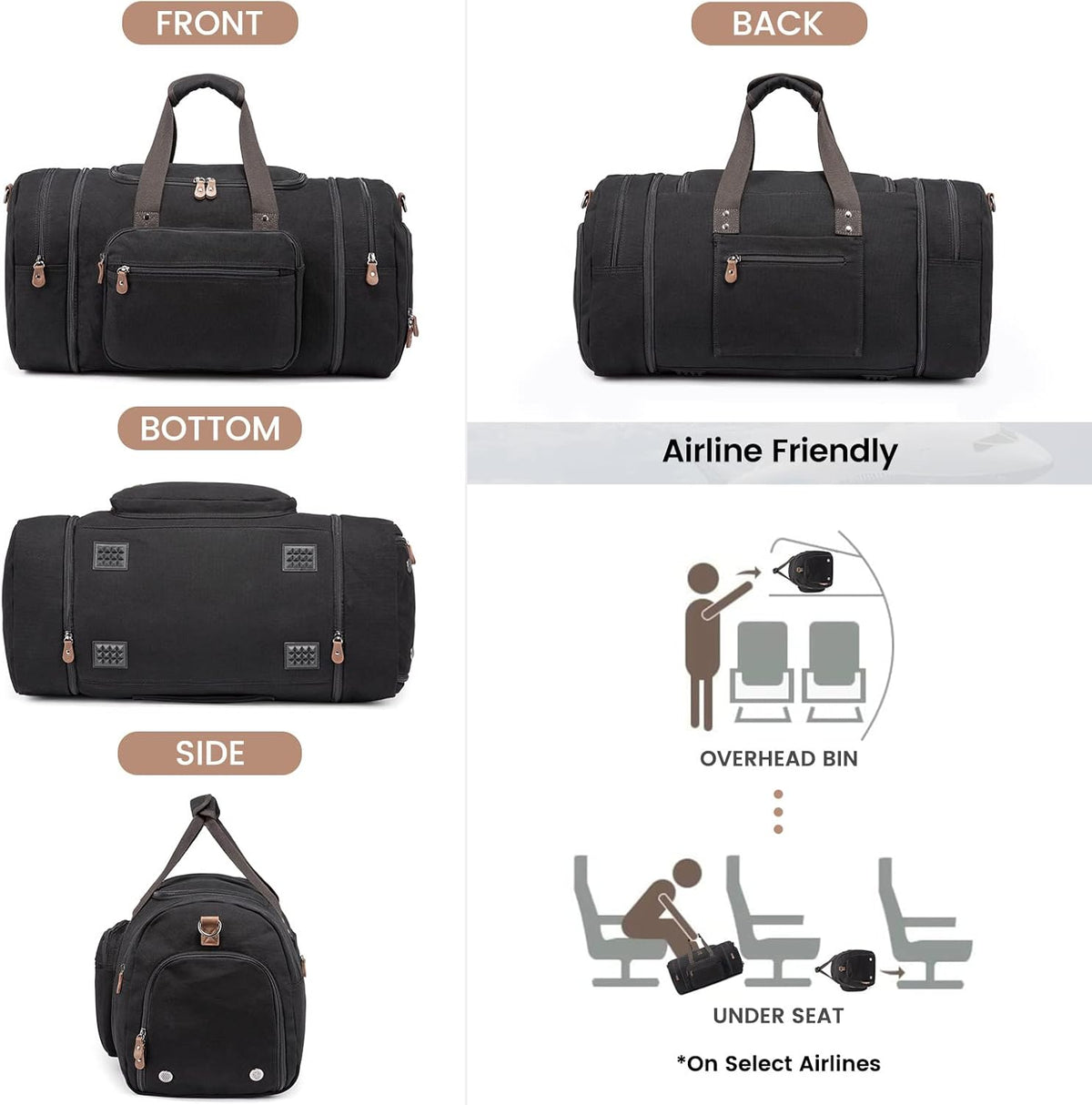 Sucipi Canvas Travel Duffel Bag for Men, Weekend Overnight Bag with Shoe Compartment and Toiletry Bag, Carry-On for Airplanes, Black