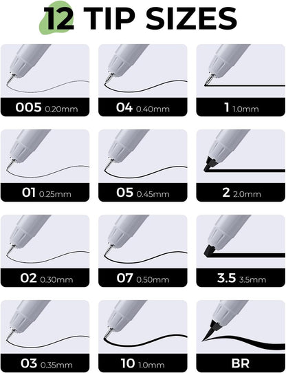 JusArt Fineliner Pens, Ultra Fine, Fine, Brush & Chisel, 12 Size, Waterproof Black Pigment Pen for Artists, Crafters, Illustration, Sketching, Writing, Journaling, Bible Note, Technical Drawing pens