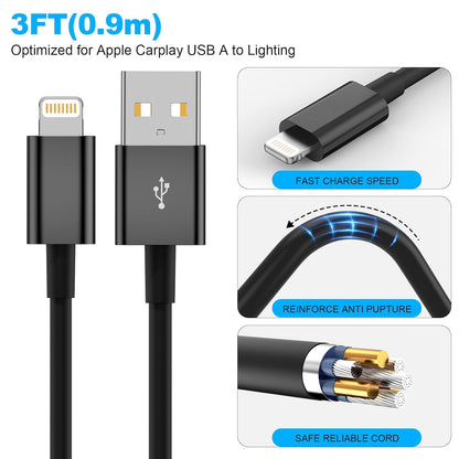Car Carplay Cable, USB A to Lightning Cable 3FT Compatible with iPhone 14 13 12 11 Pro Max XR XS X Charger Cord，Car Charging Cord（Black）