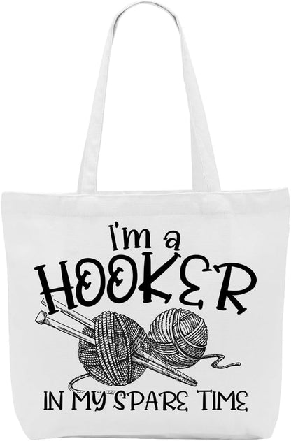 Crochet Knitting Humor Yarn Gifts Canvas Tote Bag, Reusable Grocery Shopping Bags for Crocheters Christmas