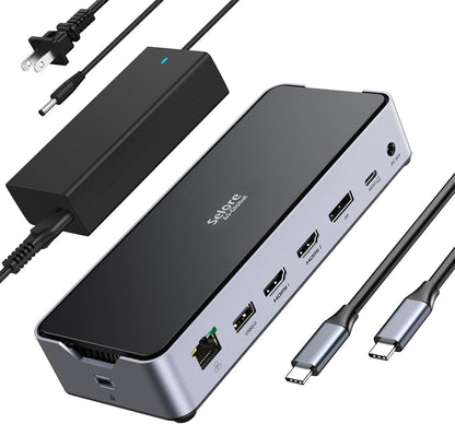 USB C Docking Station 3 Monitors Laptop Dock Dual Monitor with 2 HDMI DisplayPort 4K144Hz,USB A 2.0/3.0,USB C 3.1 10Gbps&30W Output,Ethernet,MicroSD&SD,Audio&Mic,150W DC Power for Dell/Lenovo/HP