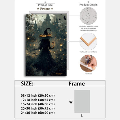 Halloween Witch and Haunted House Canvas Wall Art,Dark Academia Scary Witch Castle Posters Prints,Thriller Horror Gothic Wall Decor Pictures for Halloween Party House Decoration,16"x24" Framed