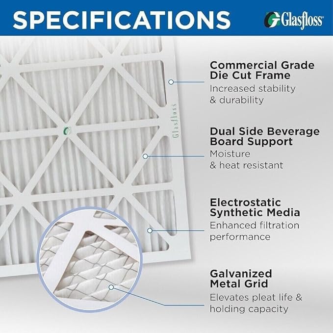 Glasfloss 20x25x1 MERV 10 (FPR 5-6) Pleated Air Filters Box of 6. Actual Size: 19-1/2 x 24-1/2 x 7/8