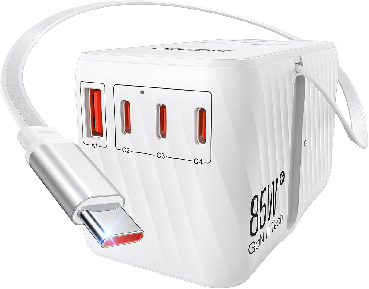 LENCENT 85W Universal Travel Adapter with Retractable USB C Cable, GaN International Plug Adapter with 3 Type C &1 USB A Ports Fast Charging, Worldwide Outlet Converter for US to European EU UK AUS
