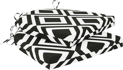 Cozyide Outdoor Chair Cushions, Waterproof Patio Seat Cushions with Adjustable Straps, Round Corner Patio Chair Cushions for Garden, Black Geometry, 17x16x2 Inch (Pack of 2)