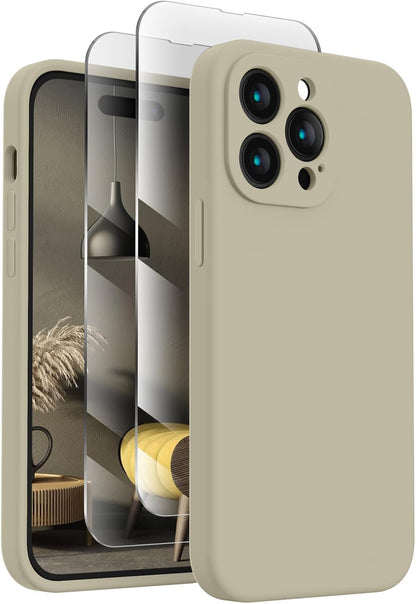 FireNova for iPhone 14 Pro Case, Silicone Upgraded [Camera Protection] Phone Case with [2 Screen Protectors], Soft Anti-Scratch Microfiber Lining Inside, 6.1 inch, Khaki